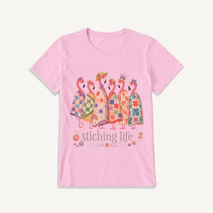 Quilted Flamingo Craft Club Print Crew Neck Cotton Tee