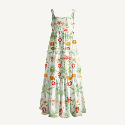 Delicate Retro Florals Mint Green Leaves Print Wide Straps Maxi Dress With Pockets