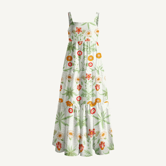 Delicate Retro Florals Mint Green Leaves Print Wide Straps Maxi Dress With Pockets