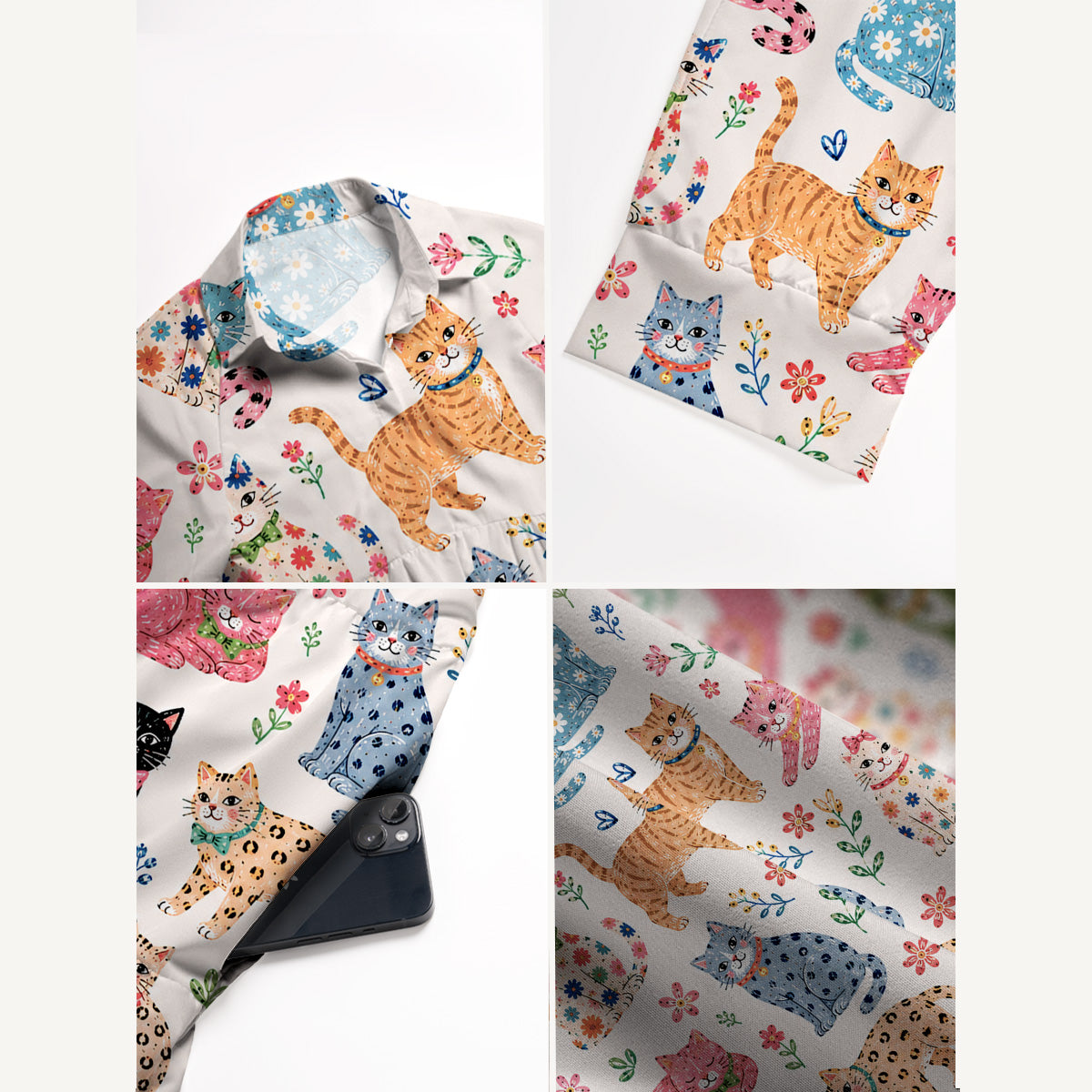V Neck Collared Playful Cats Floral Print Casual Midi Dress With Pockets