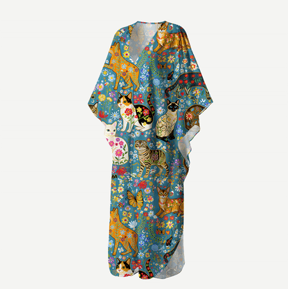 V‑Neck Colorful Garden Cat Kimono Sleeve Kaftan Dress