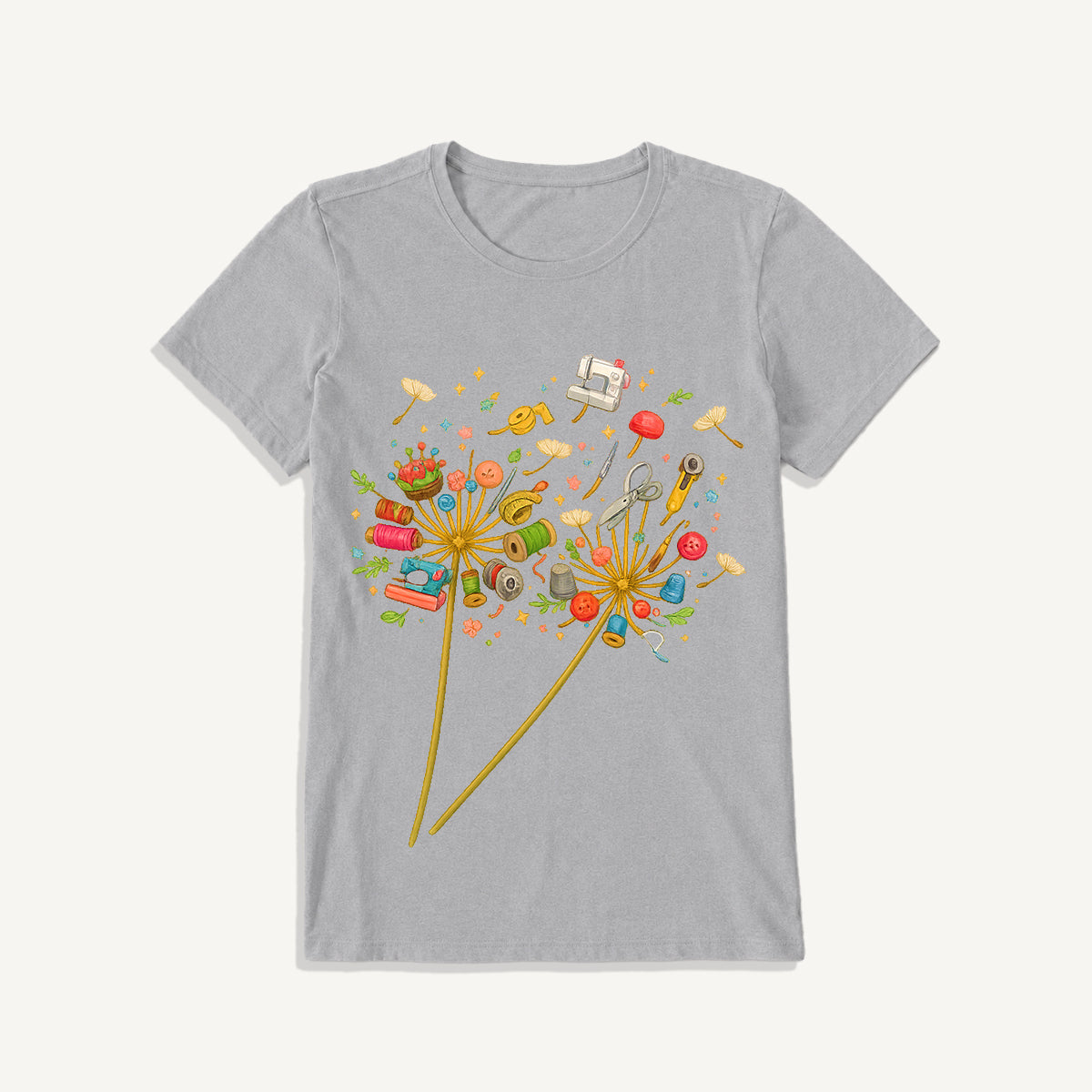 Sewing Tool Dandelion Art Print Crew Neck Cotton Tee