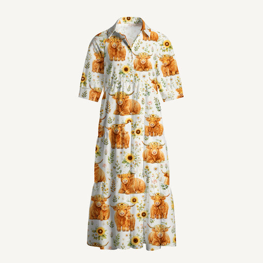 Spring Highland Cow Print Casual Midi Dress With Pockets
