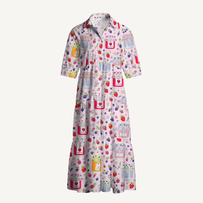 V Neck Collared Strawberry Jam Print Casual Midi Dress With Pockets