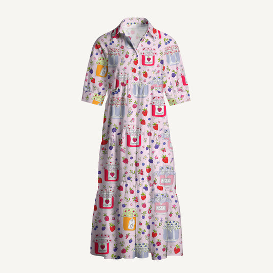 V Neck Collared Strawberry Jam Print Casual Midi Dress With Pockets