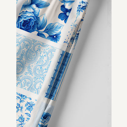 Delft Blue Floral Patchwork Print Cotton Wide Straps Maxi Dress With Pockets
