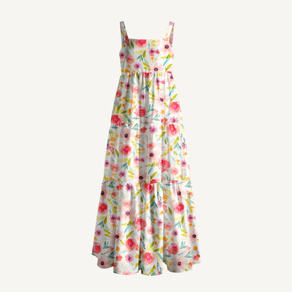 Pastel Watercolor Garden Floral Pattern Print Wide Straps Maxi Dress With Pockets