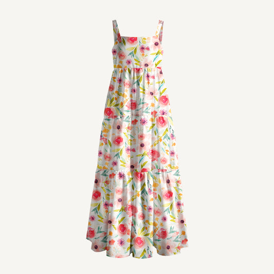 Pastel Watercolor Garden Floral Pattern Print Wide Straps Maxi Dress With Pockets