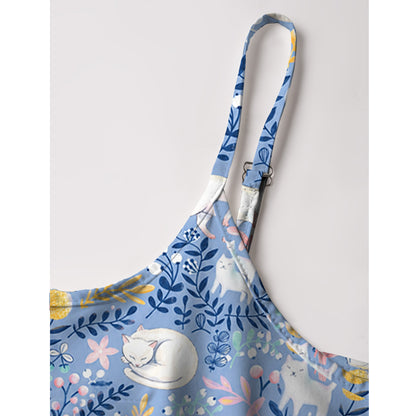 Blue Leaf Cat Spaghetti Strap Mini Dress