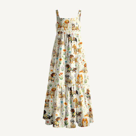 Cute Dog Garden Print Wide Straps Maxi Dress With Pockets