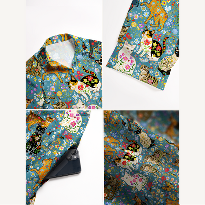 V Neck Collared Colorful Garden Cat Midi Dress For Women With Pockets