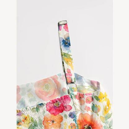 Romantic Floral Meadow Pattern Print Wide Straps Maxi Dress With Pockets