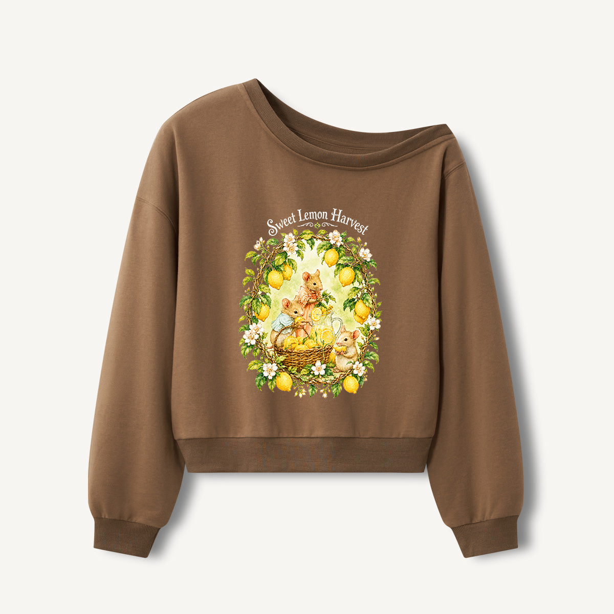 Sweet Lemon Harvest Print Off Shoulder Sweatshirts