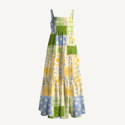 Pastoral Gingham Patchwork Printed Wide Straps Maxi Dress With Pockets