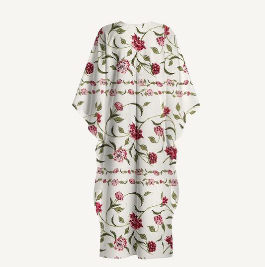 V‑Neck Red Floral Kimono Sleeve Kaftan Dress