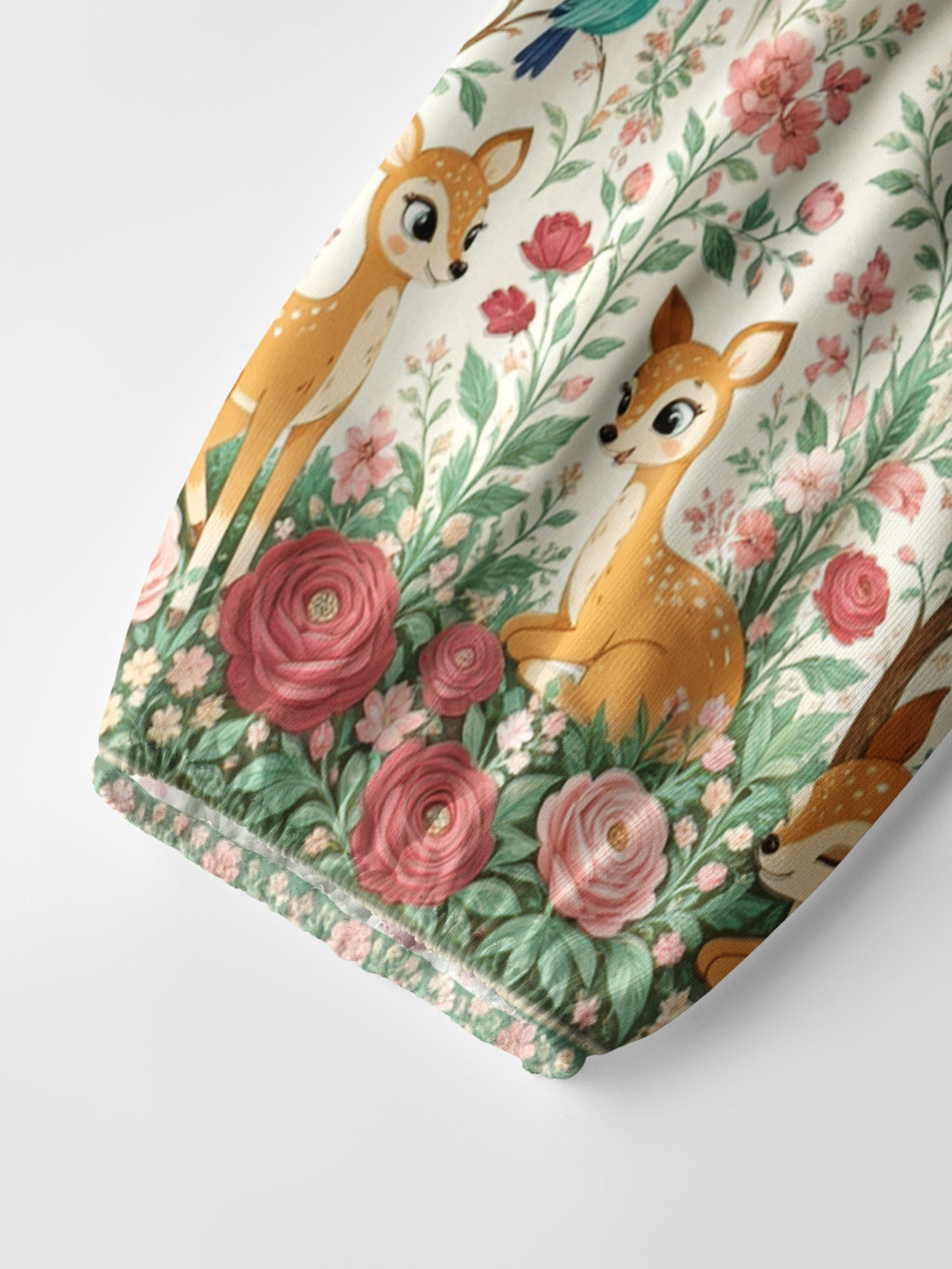 Cream Garden Fawn Forest Print Boho Long Sleeve Tie‑Neck Blouse