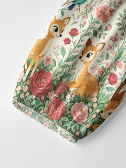 Cream Garden Fawn Forest Print Boho Long Sleeve Tie‑Neck Blouse