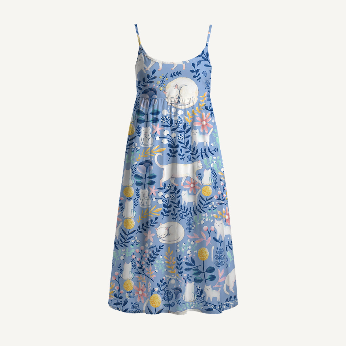 Blue Leaf Cat Spaghetti Strap Mini Dress