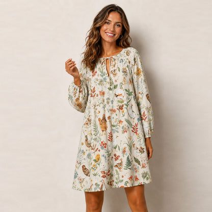 Countryside Garden Critter Print Boho Long Sleeve Tie‑Neck Smock Mini Dress