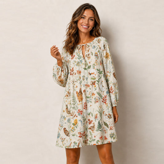 Countryside Garden Critter Print Boho Long Sleeve Tie‑Neck Smock Mini Dress