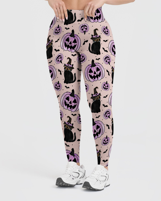 Vintage Pumpkin Witch Black Cat Leggings