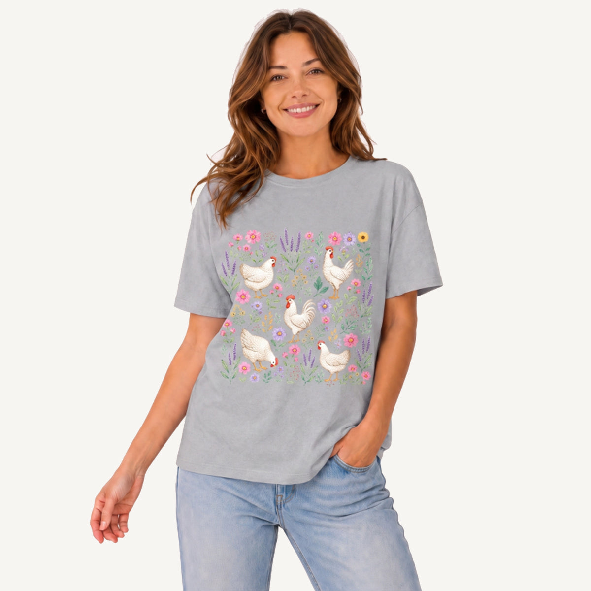 Blooming White Chicken Meadow Print Crew Neck Cotton Tee
