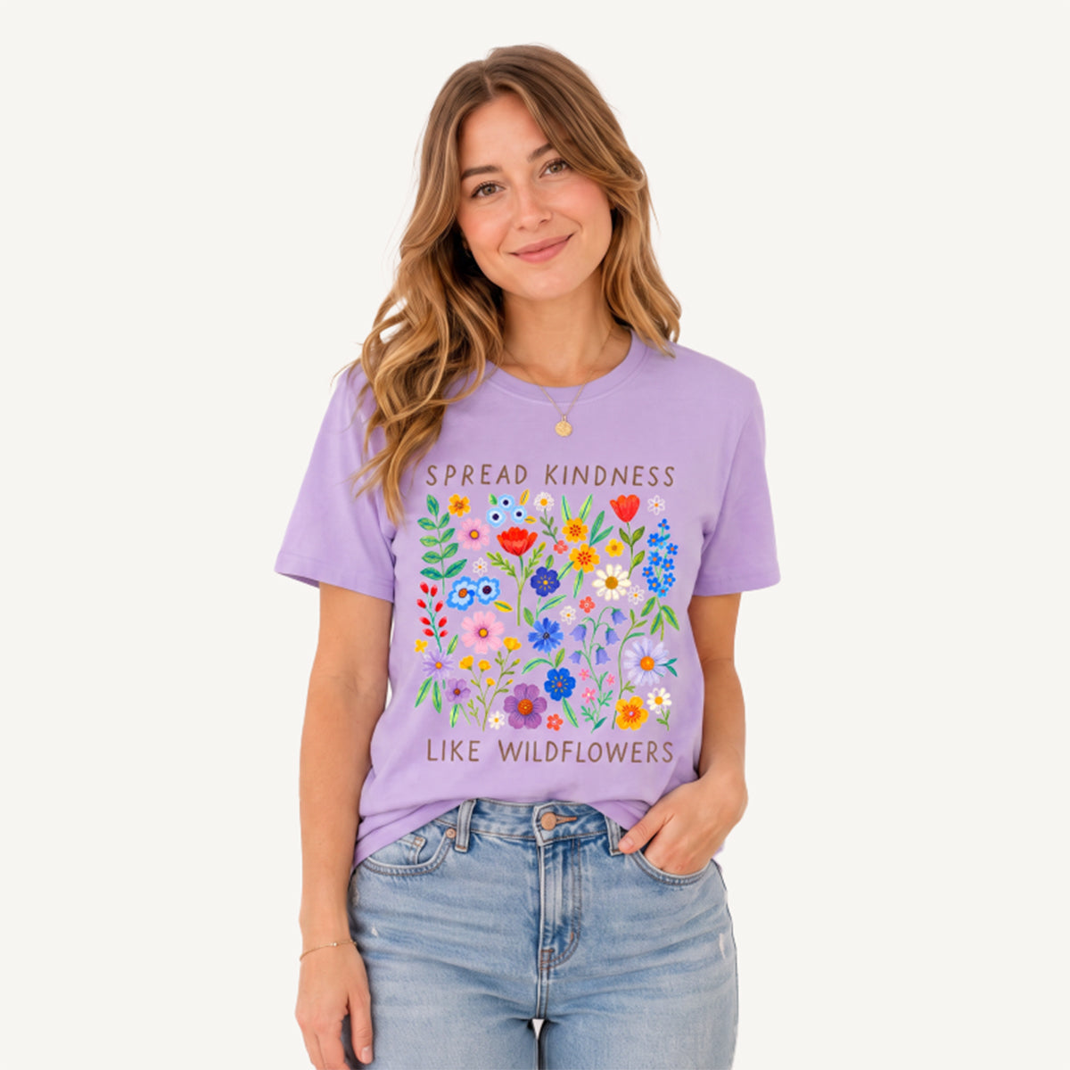 Spread Kindness Wildflowers Print Crew Neck Cotton Tee