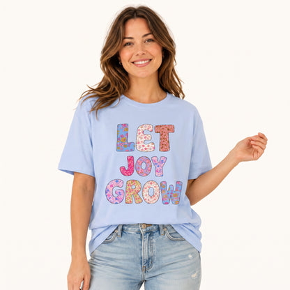 Let Joy Grow Floral Letters Print Crew Neck Cotton Tee
