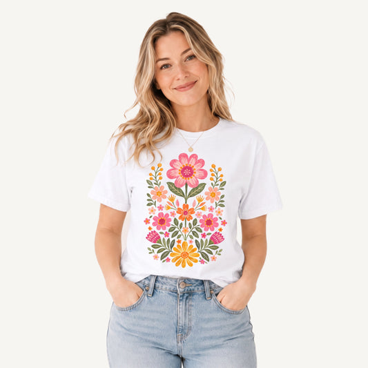 Retro Folk Garden Bloom Print Crew Neck Cotton Tee
