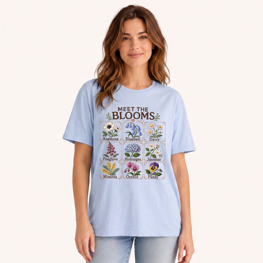 Meet the Blooms Embroidery Chart Print Crew Neck Cotton Tee
