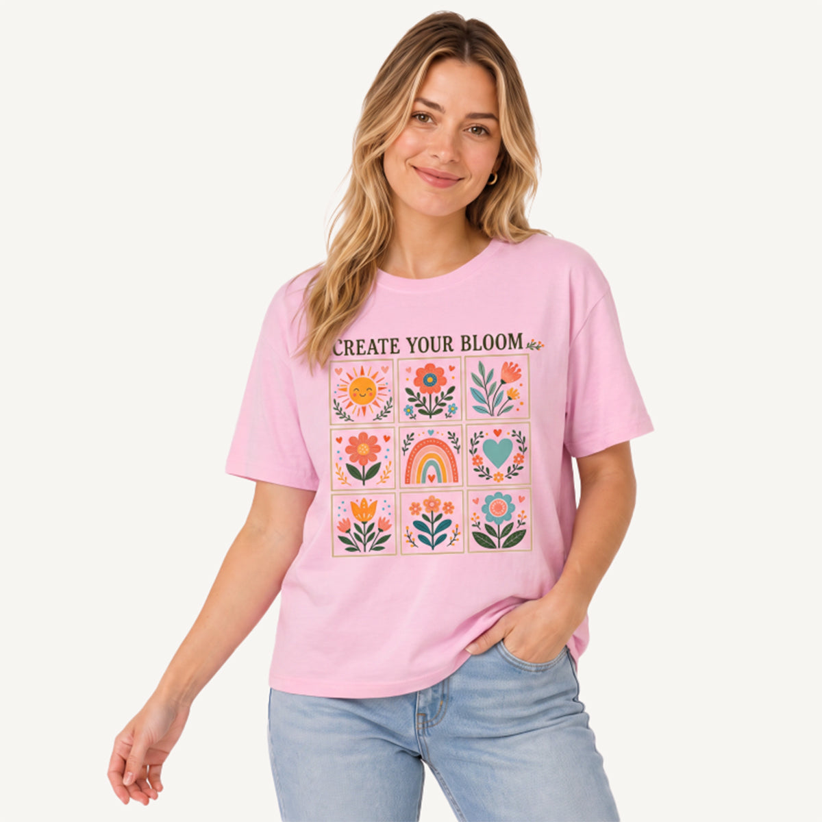 Folk Art Bloom Grid Print Crew Neck Cotton Tee