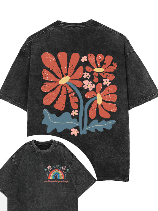 Vintage Grow Through What You Go Through Boho Flowers Washed T-Shirt