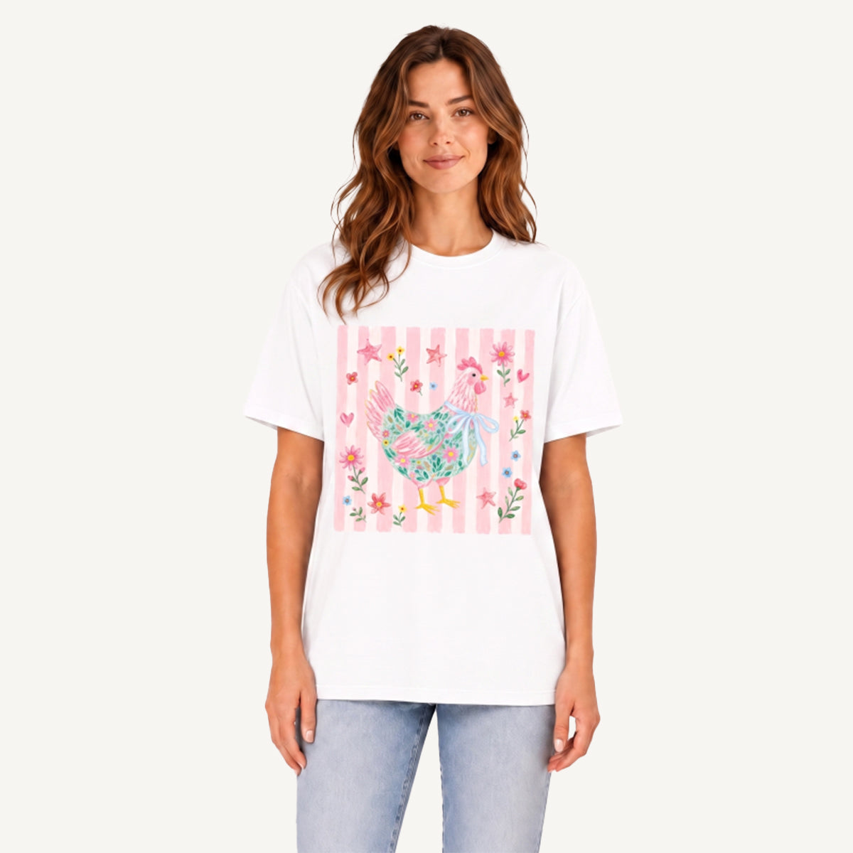 Cozy Floral Hen Nook Print Crew Neck Cotton Tee