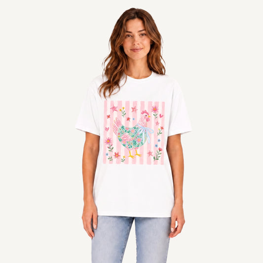 Cozy Floral Hen Nook Print Crew Neck Cotton Tee