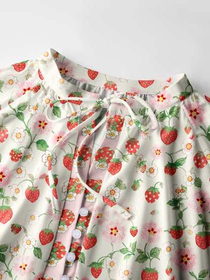 Strawberry Meadow Print Boho Long Sleeve Tie‑Neck Blouse