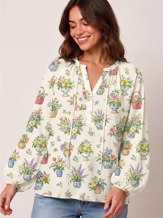 Garden Baskets Print Boho Long Sleeve Tie‑Neck Blouse