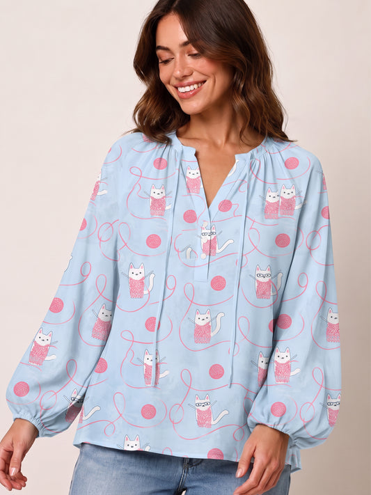 Cozy Yarn Basket Cat Print Boho Long Sleeve Tie‑Neck Blouse