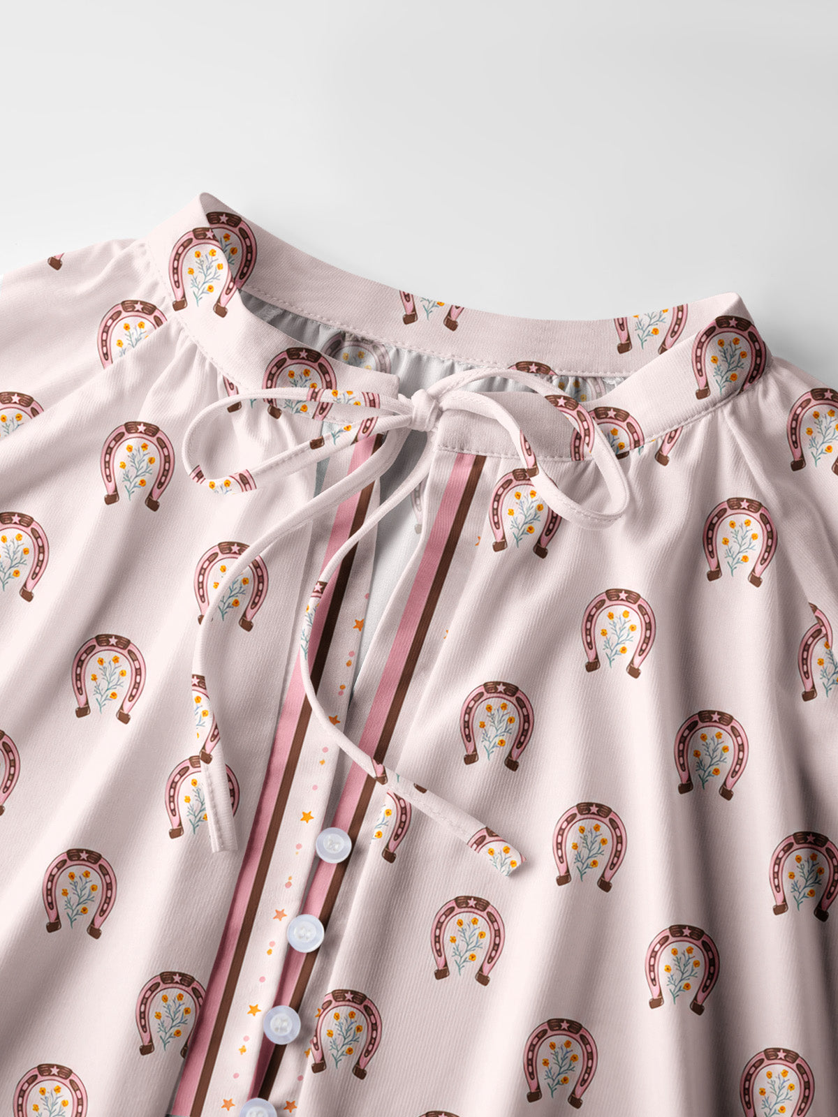 Blush Lucky Horseshoe Print Boho Long Sleeve Tie‑Neck Blouse