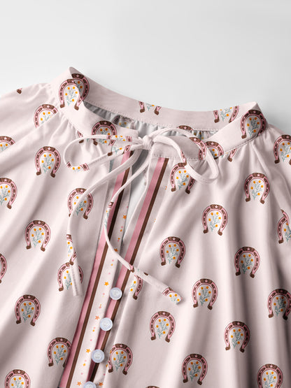 Blush Lucky Horseshoe Print Boho Long Sleeve Tie‑Neck Blouse