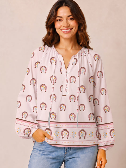 Blush Lucky Horseshoe Print Boho Long Sleeve Tie‑Neck Blouse
