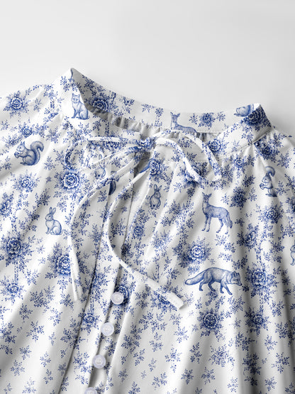 Delft Blue Woodland Story Print Boho Long Sleeve Tie‑Neck Blouse