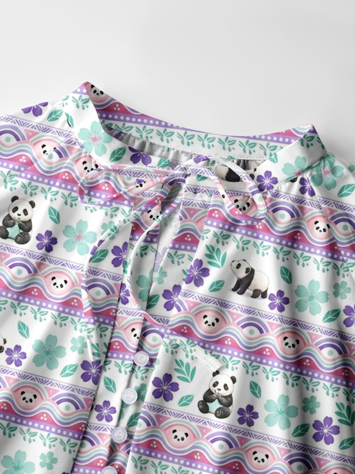 Panda Carnival Print Boho Long Sleeve Tie‑Neck Blouse