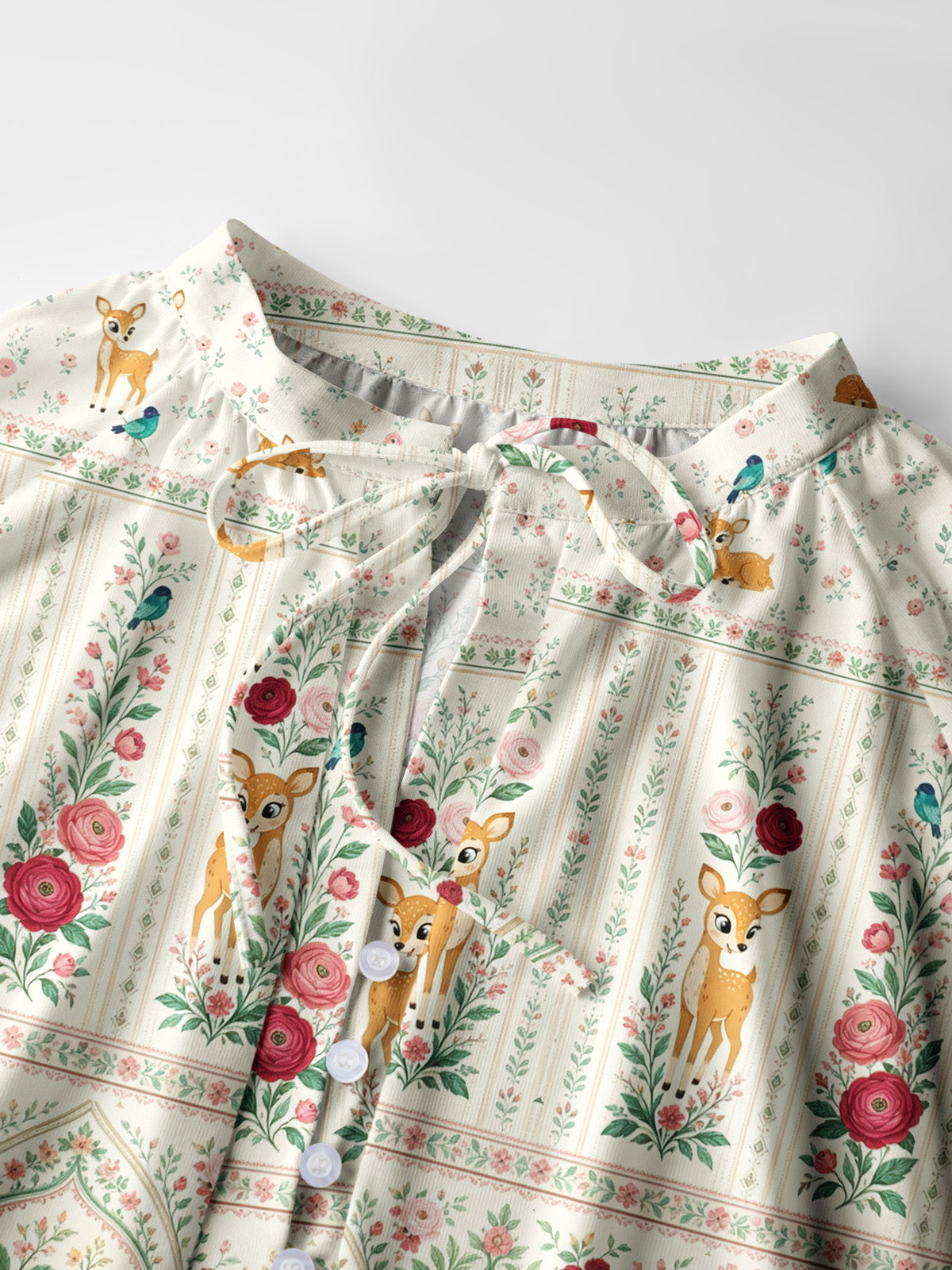 Cream Garden Fawn Forest Print Boho Long Sleeve Tie‑Neck Blouse