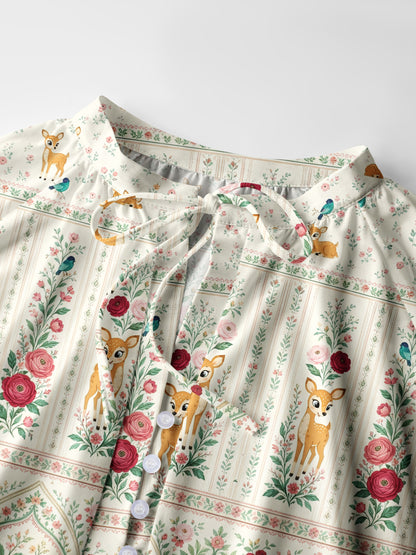 Cream Garden Fawn Forest Print Boho Long Sleeve Tie‑Neck Blouse