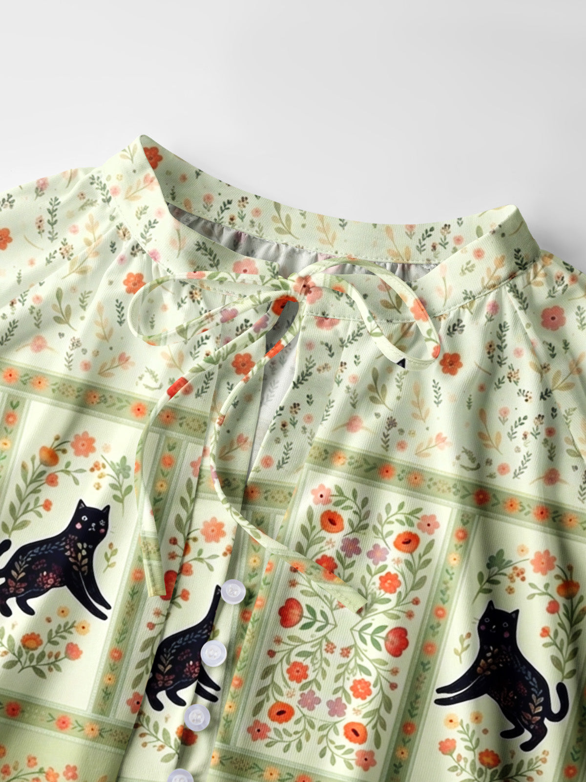 Cream Garden Black Cat Print Boho Long Sleeve Tie‑Neck Blouse
