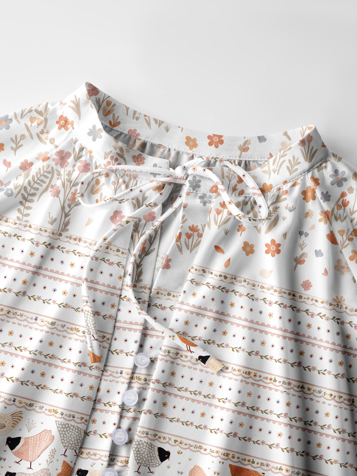 Warm Garden Little Chick Print Boho Long Sleeve Tie‑Neck Blouse