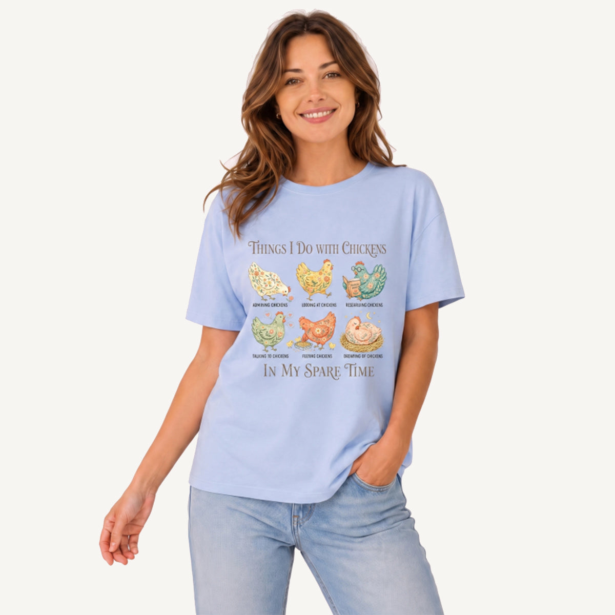 Floral Chicken Garden Life Print Crew Neck Cotton Tee