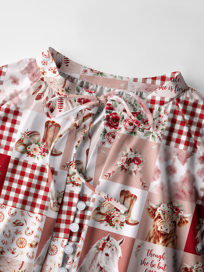 Vintage Western Farm Quilt Pattern Print Boho Long Sleeve Tie‑Neck Blouse