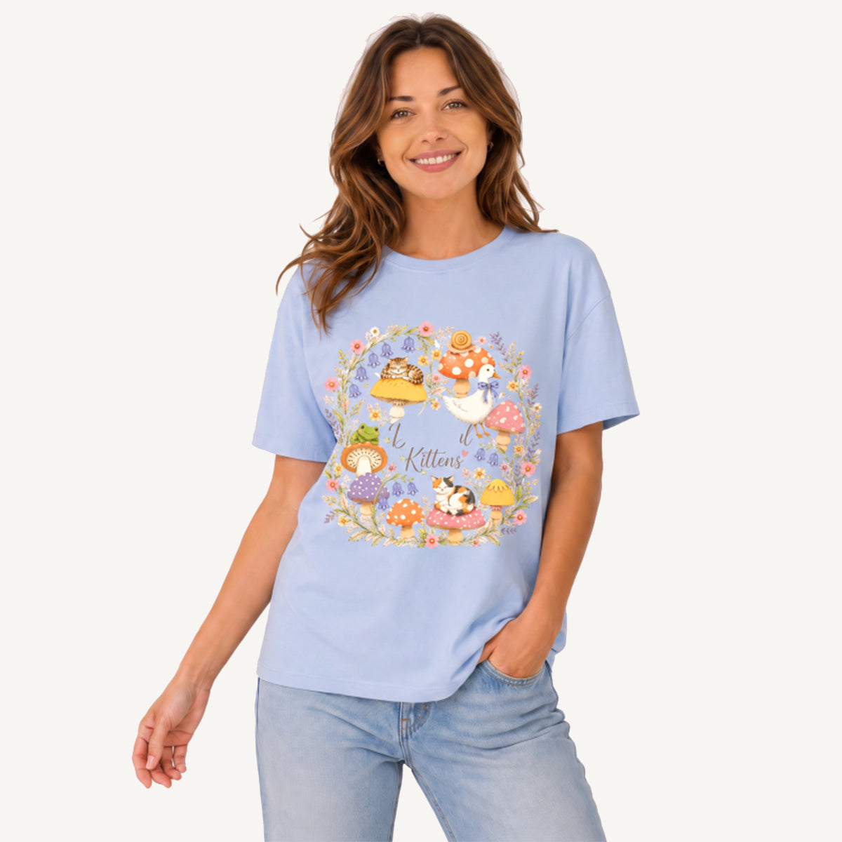Botanical Kittens Mushroom Wreath Print Crew Neck Cotton Tee