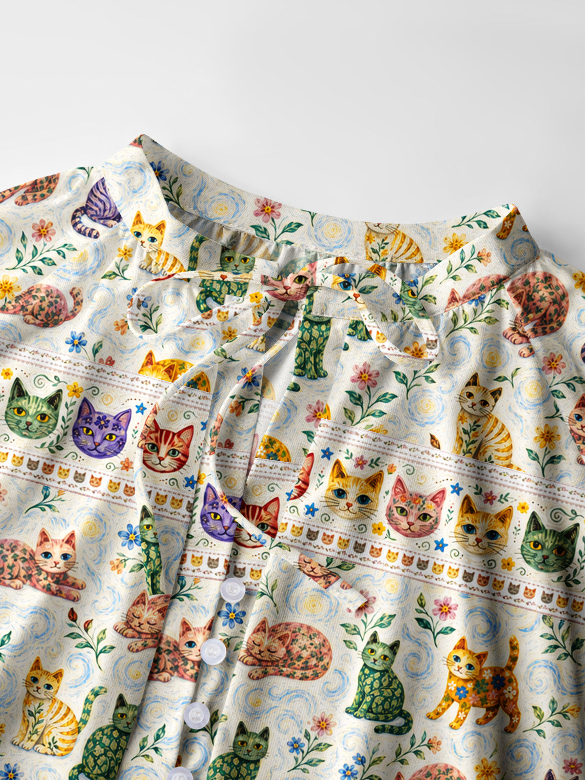 Starry Night Cat Whisper Print Boho Long Sleeve Tie‑Neck Blouse